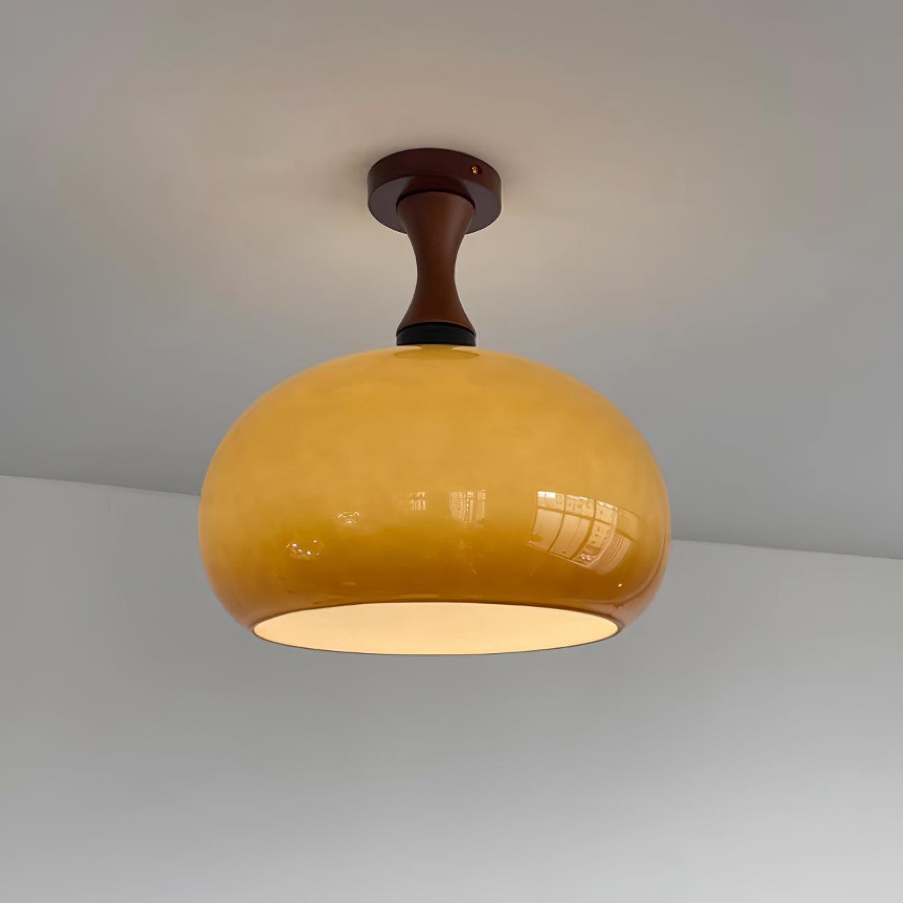 Bathroom Damp Rated Ceiling Light Amber Glass And Walnut Wood
